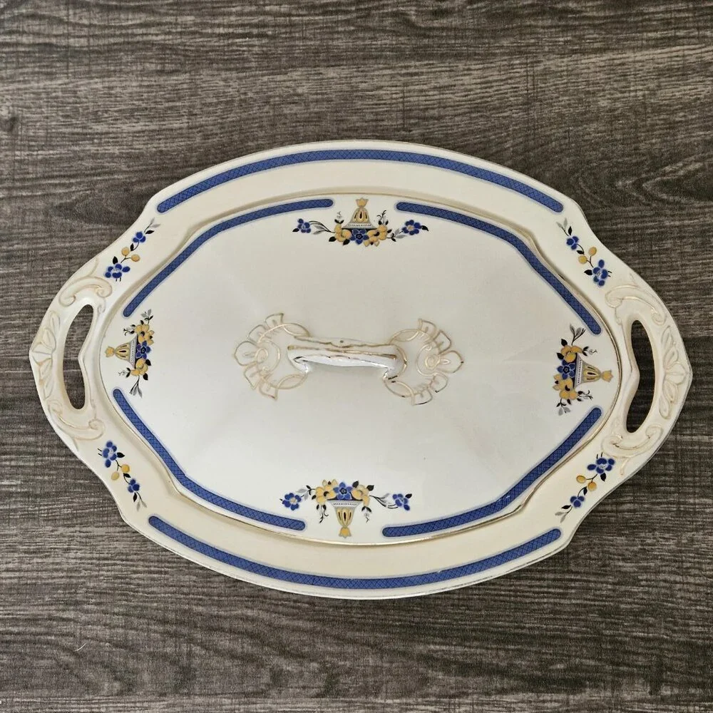 WH Grindley & Co England Serving Dish Chelsey Ivory Blue White Yellow Floral VTG - Picture 3 of 16